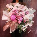Wild berry & rose petal bouquet with magenta disbud chrysanthemums and pink roses